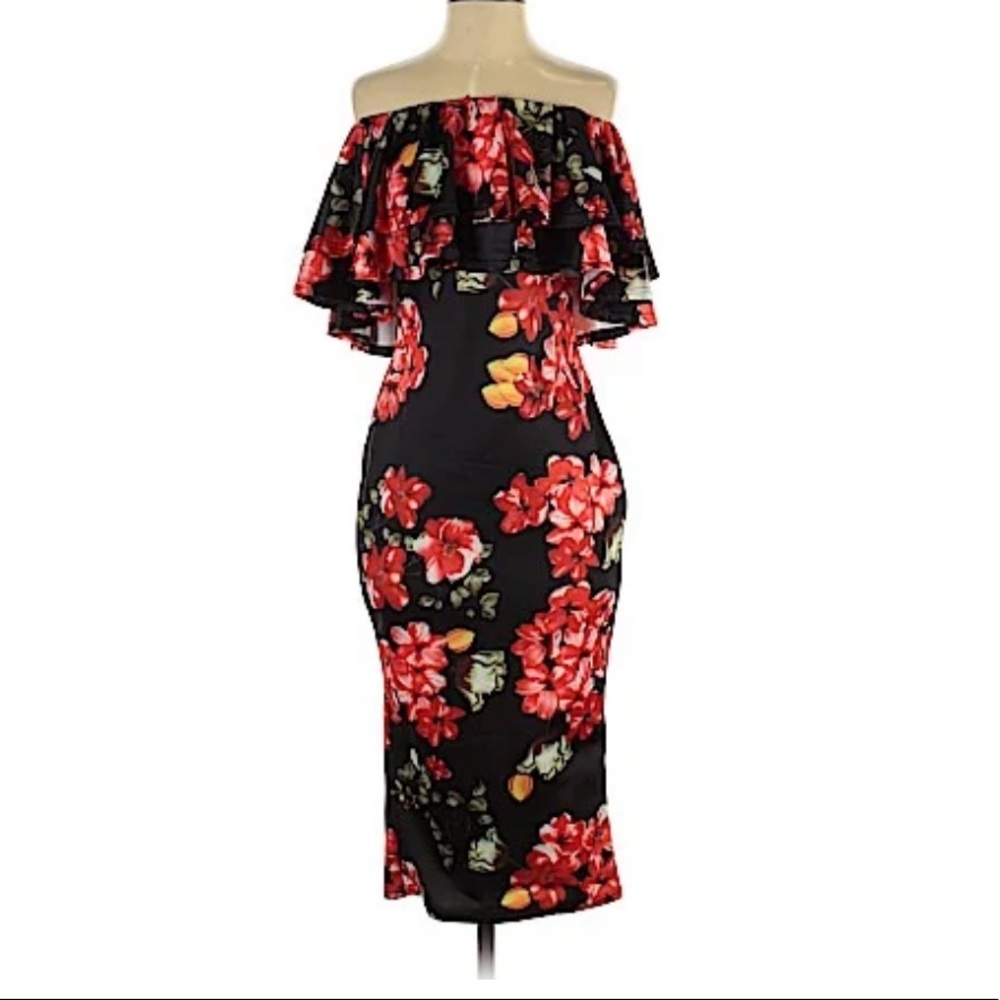 NWOT Black/red dress mid calf Bare shoulders Size Small Party Dress!